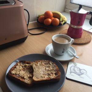 Percolator coffee and peanut butter on toast.